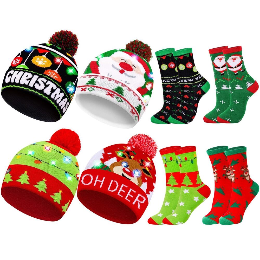 6158 8 Pack Christmas LED Beanie Hat and Socks Set Winter Light-Up Knit Hat